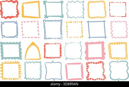 Quadratische Bilderrahmen mit Doodle. Niedliche Randformen für lustige Kinderbilder. Handgezeichnete Muschel- und wellige Elemente mit schlichtem Muster für Design. Vektor Stock Vektor
