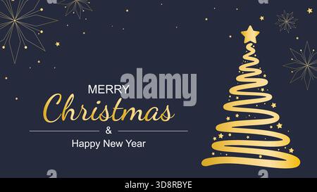 Weihnachtsbanner mit Weihnachten und frohem Neujahr. Horizontales Layout mit Begrüßungstext, Weihnachtsbaum, goldenen Sternen und Schneeflocken. Dunkelblau Stock Vektor