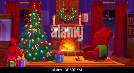 Cartoon Weihnachten Kamin Wohnzimmer innen Stock Vektor