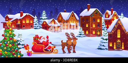 Cartoon Santa auf dem Schlitten in der verschneiten Weihnachtsstadt Stock Vektor