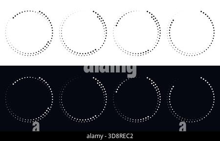 Satz abstrakter runder Rahmen im Halbtonstil. Kreisförmige Formen aus Punkten. Gepunktete Schwarzweiß-Optionen. Leere Form für die Konstruktion. Vektorelemente Stock Vektor