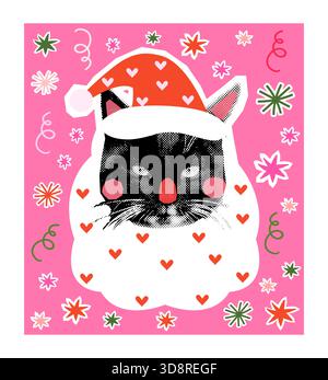Lustiger Vektor Weihnachtsmann schwarzer Katzenkopf, süße Weihnachts-Halbtoncollage-Grußkarte, Poster Stock Vektor