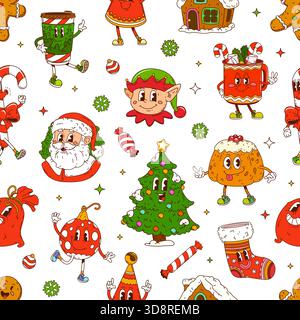 Nahtloses Muster mit groovigen Weihnachtsfiguren Stock Vektor