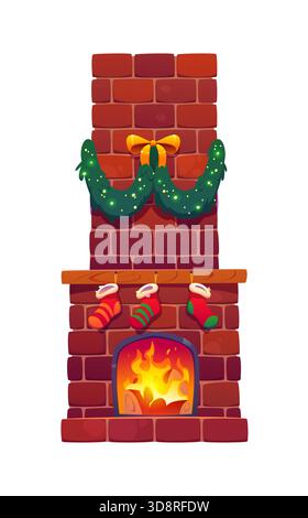 Weihnachtskamin mit Socken für Geschenke, Kranz Stock Vektor