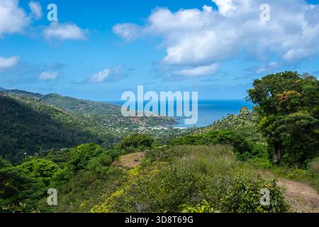 Üppiger tropischer Wald über den Bergen mit Blick auf die Bucht von Atuona, Hiva OA, Französisch-Polynesien. Eine atemberaubende Landschaft mit grünen Hügeln, Palmen und Th Stockfoto