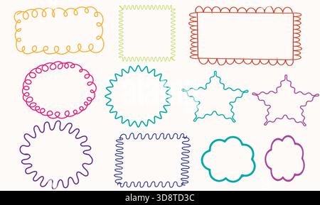 Set aus handgezeichneten Squiggle Frames und Doodle Borders – bunte Wellen-, Spiralen-, Stern-, Oval- und Rechteckkonturen für Scrapbooking, Aufkleber und Clipart Stock Vektor