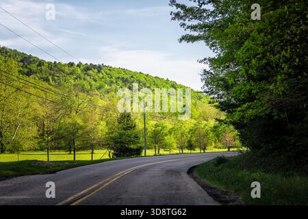 Lyndhurst, Virginia, ländliche Straße, die sich durch die Berge schlängelt, und niemand im Frühling der appalachen Stockfoto