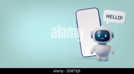 Niedlicher 3D-KI-Roboter mit Smartphone und Hallo-Sprechblase. Benutzerfreundlicher virtueller Assistent für Chat, mobile Apps, Support-Services, Technologiekonzepte und Stock Vektor