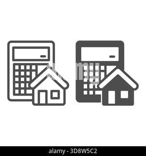 Taschenrechner und Hauslinie und ausgefülltes Symbol, Immobilienkonzept. Vektorgrafiken. Cottage Building Preis für Verkauf Schild auf weißem Hintergrund, Umriss styl Stock Vektor