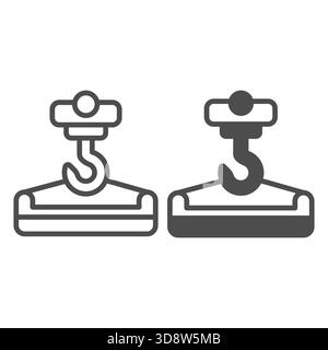 Kranhaken mit Zementkorblinie und solidem Symbol, Baukonzept. Vektorgrafiken. Aufbauendes Zementeimer-Schild auf weißem Hintergrund, Stilsymbol Stock Vektor