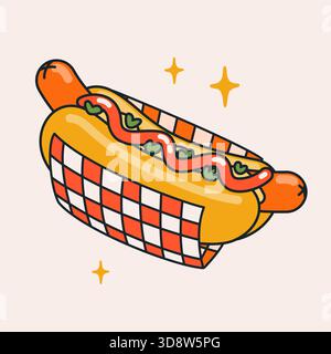 Retro Hot Dog Illustration mit hellen Zeichentrickfarben, karierter Verpackung und verspieltem Food Styling. Lustiges, grooviges Design für Aufkleber, Menüs, Branding und Stock Vektor