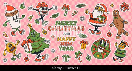 Retro-Weihnachtssticker mit groovigen Zeichentrickfiguren. Weihnachtsmann, Baum, Kranz, Elfe und festliche Ikonen auf einem rosa karierten Hintergrund. Verspielter Urlaub Stock Vektor