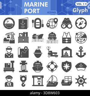 Sammlung oder Skizzen von Seehafensymbolen. Versand der Themenleiste in Glyphe-Stil-Schildern für die Web-App. Vektor auf weißem Hintergrund isoliert Stock Vektor