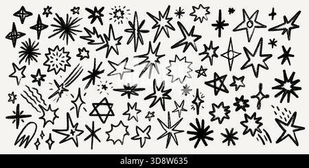 Kreide Line STAR-Kollektion mit handgezeichneter Skizzierstruktur, Kritzelsternen, Kometen und Funken im Kreidestil. Sternstrich-Illustration mit Zeichnung Stock Vektor