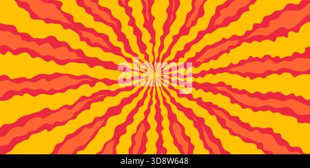 Comic-Hintergrund mit radialen roten und orangen Strahlen, die abstrakte Sonnenstrahlen bilden. Radiale Sonnenschliff-Zusammensetzung mit dynamischen Wellenlinien Stock Vektor