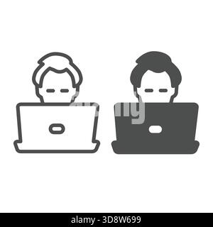 Freelancer mit Laptop-Linie und solidem Symbol, Konzept für die Fernarbeit. Vektorgrafiken. Mann, Person und Computerschild auf weißem Hintergrund, Umrissstil Stock Vektor