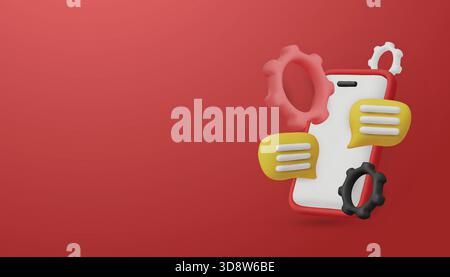 Moderne 3D-Illustration für Technologiekonzepte. Ein Telefon mit Chat und Zahnrädern symbolisiert Workflow-Automatisierung und Online-Support Stock Vektor
