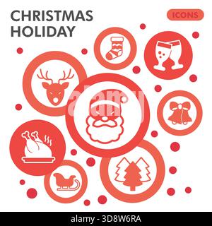 Weihnachtssymbole oder Skizzen. Das „Happy New Year“-Thema blättert in Glyphe-ähnlichen Schildern für Web und App. Vektorgrafiken isoliert auf weiß Stock Vektor