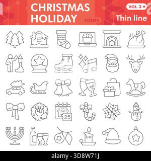 Weihnachtssymbole oder Skizzen. Theme Bar mit schmalen Schildern für Web und App zum „Happy New Year“. Vektorgrafiken isoliert auf weiß Stock Vektor