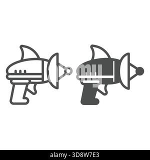 Laserpistole und solides Symbol, Kosmos-Konzept. Vektorgrafiken. Alien-Blaster-Gewehr, Waffenschild auf weißem Hintergrund, Outline-Style-Symbol für Handy oder Stock Vektor