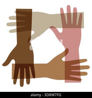 Illustration der Einheit und Zusammenarbeit in der Teamarbeit der Völker. Eine Gruppe von Menschen hält die Hände. Stock Vektor
