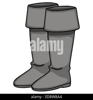 Ein Paar graue Kavalierstiefel, gerendert als einfache Vektorillustration mit kräftigen schwarzen Umrissen und dezenten Schattierungen, präsentiert auf einem sauberen weißen Hintergrund Stock Vektor