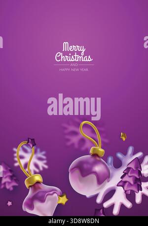 Minimales 3D-Weihnachtsdesign mit goldenen Tropfen, Sternen, Schneeflocken-Elementen auf lila, bereit für Poster, Geschichten und Heldenabschnitte auf der Website. Stock Vektor