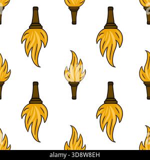 Nahtloses Vektormuster mit stilisierten goldenen Taschenlampen mit braunen Griffen und leuchtenden orangefarbenen Flammen, vor einem sauberen weißen Hintergrund. Stock Vektor