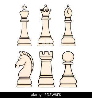 Eine klare, minimalistische Vektor-Illustration, die eine Sammlung ikonischer Schachfiguren zeigt, darunter der König, die Königin, der Bischof, der Ritter, Rook und Pawn, Ren Stock Vektor