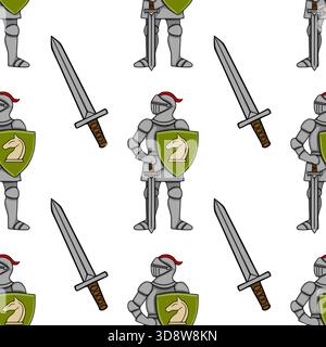 Nahtloses Vektormuster mit stilisierten Rittern in voller Rüstung, die Schwerter und Schilde mit einem Schachritteremblem halten, gegen einen sauberen weißen bac gesetzt Stock Vektor