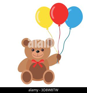 Illustration eines niedlichen Teddybären mit bunten Ballons und einer Schleife auf weißem Hintergrund Stock Vektor