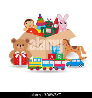 Illustration von Karton mit Spielzeug und Geschenken mit Schatten auf weißem Hintergrund Stock Vektor