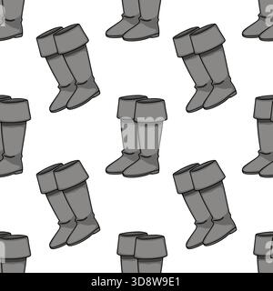 Nahtloses Vektormuster aus stilisierten grauen Piratenstiefeln mit gefalteten Bündchen, präsentiert in einem sich wiederholenden Arrangement auf weißem Hintergrund, das an einen Klassiker erinnert Stock Vektor