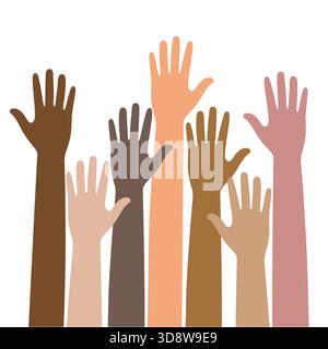 Farbenfrohe erhobene Hände. Das Konzept der Vielfalt. Handgruppe auf weißem Hintergrund Stock Vektor