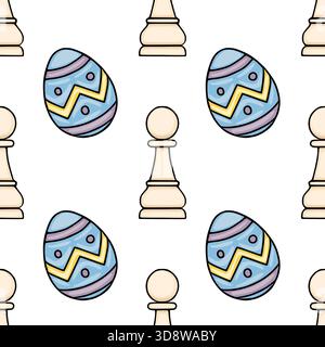 Nahtloses Vektormuster mit stilisierten Ostereiern und Schachfiguren auf weißem Hintergrund. Stock Vektor