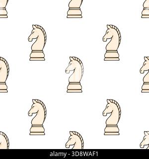 Ein nahtloses Vektormuster mit stilisierten cremefarbenen Schachritterstücken mit schwarzen Umrissen und dezenten Schattierungen, die auf einem sauberen weißen Hintergrund stehen Stock Vektor