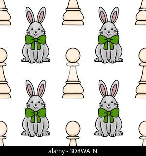 Skurriles Vektormuster mit niedlichen grauen Häschen mit grünen Bögen und klassischen Schachfiguren auf weißem Hintergrund, geeignet für verspielte Designs. Stock Vektor