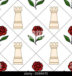 Nahtloses Vektormuster mit stilisierten weißen Schachkrippen und roten Rosen mit grünen Blättern, auf weißem Hintergrund mit dezenter gestrichelter Linie Stock Vektor