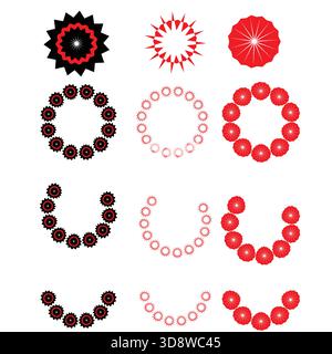 Detailliertes Set in Kreisform mit dekorativen geometrischen Elementen, runden Mustern im Mandala-Stil, abstrakten symmetrischen Motiven und vielseitigen Ornamenten Stock Vektor