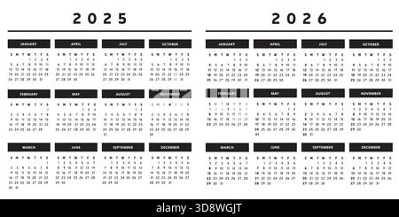 Kalender 2025 und 2026 mit Feldern in Schwarzweißfarben 4 Spalten - Englischer Vektor Stock Vektor
