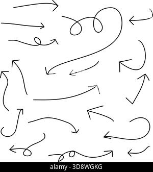 Handgezeichnete Pfeilkollektion mit verschiedenen Stilen, Richtungen, Kurven, Schleifen und Winkeln auf weißem Hintergrund für Design, Skizzen und Illustrationen Stock Vektor