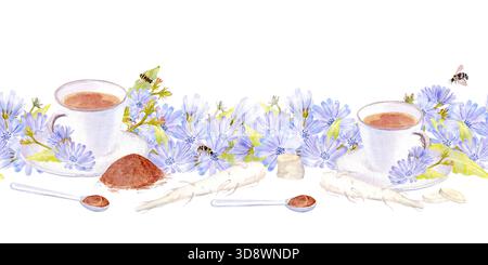 Nahtlose Grenze mit Zichoriengetränk in einer weißen Tasse mit Löffel, Wurzel, pastellblauen Blumen, Aquarellillustration, auf einem isolierten Hintergrund. Muster Stockfoto