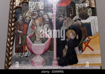 Altaraufsatz von Sant Martí de Tours (gotisch, 15. Jahrhundert) aus der Sant Martí Sescorts Kirche (L'Esquirol). MEV, Vic, Osona, Barcelona, Katalonien, Spanien. Stockfoto