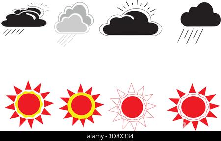 Sammlung verschiedener Symbole für Wetterbedingungen und auffällige Sonnensymbole, die für Grafikprojekte geeignet sind, einschließlich Prognosediagrammen und Mobilgeräten Stock Vektor