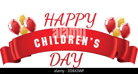 Hellrotes Bandbanner mit der Aufschrift „Happy Children's Day“ in festlicher Typografie, eingerahmt von glänzenden gelben und roten Ballons Stock Vektor