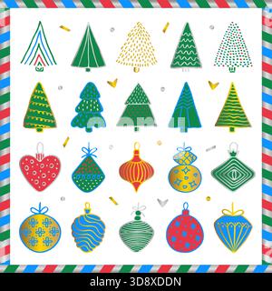 Festlicher bunter Weihnachtsbaum und Spielzeug-Set, Vektorfarbe Hand gezeichnetes Doodle-Bündel in gestreiftem verzierten Feiertagsrahmen. Grün, blau, rot, Gold und silbrig Stock Vektor
