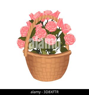 Ein Strauß rosa Rosen in einem Korb. Vektorillustration auf weißem Hintergrund isoliert. Stock Vektor