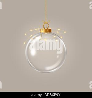 Weihnachtsschmuck aus transparentem Glas hängt an einem goldenen Faden. Realistische 3D-Vektordarstellung Stock Vektor