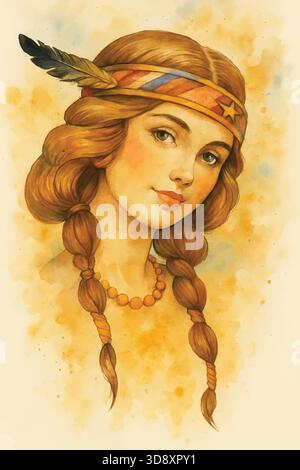 Aquarellillustration einer amerikanischen Ureinwohnerin mit traditionellem Kopfband und geflochtenem Haar Stock Vektor