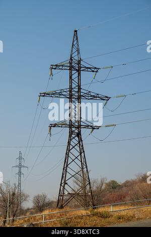 Ein hoher Stromturm ist von Bäumen und Drähten umgeben. Der Himmel ist klar und blau. Der Turm ist alt und rostig Stockfoto